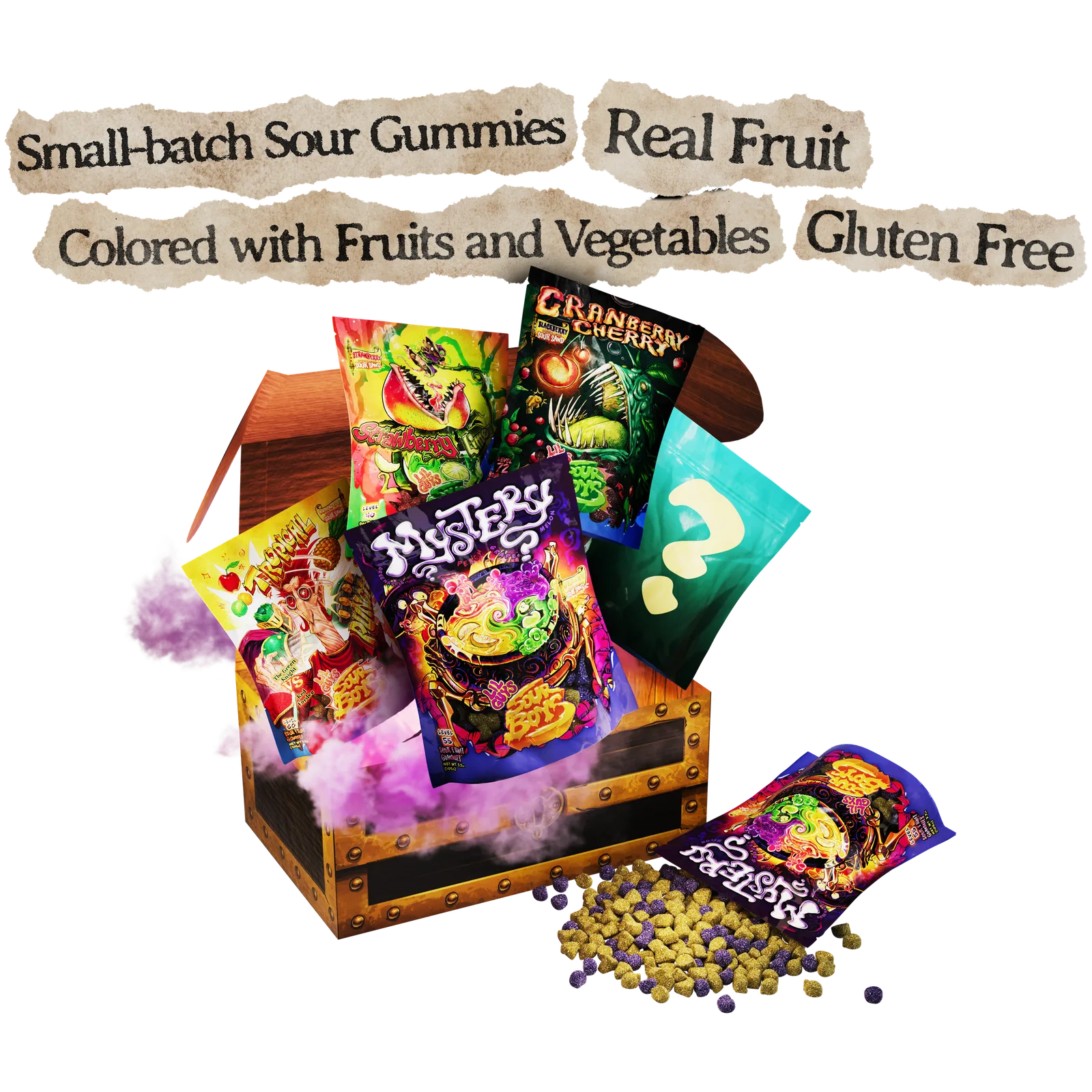 Small-batch sour gummies — real fruit, colored with fruits and vegetables, gluten free