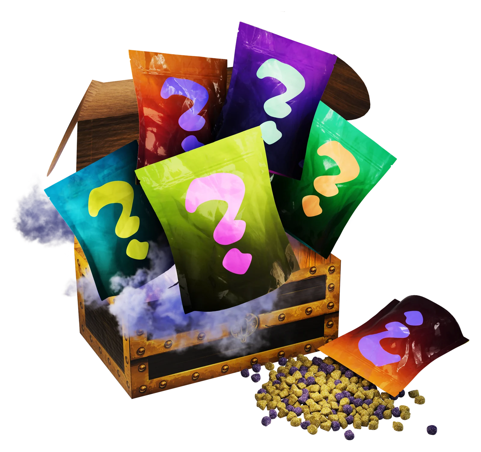 A treasure chest spilling five mystery bags of sour gummies